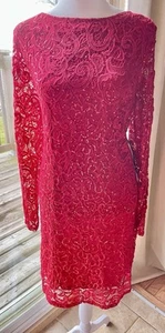 Marina rot Pailletten Spitze Overlay Langarm U-Ausschnitt Rücken Cocktailkleid Gr 14 Neu mit Etikett - Bild 1 von 17