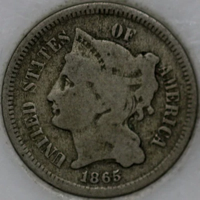 1865-P Three Cent Piece, Copper/Nickel. Nice coin over 100 years old [SN01] - Image 1 of 2