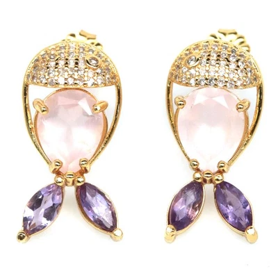 Prata esterlina 925 7 x 9 mm. Brincos rosa de quartzo, ametista e zircão - Imagem 1 de 4