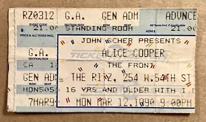 ALICE COPPER THE FRONT RARE VINTAGE 1990 TICKET STUB 3.12.1990 THE RITZ NYC - Bild 1 von 2