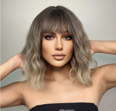 Peluca - Mezcla de cabello humano - Ombre ondulado marrón oscuro flequillo resistente al calor Foto 1 de 4