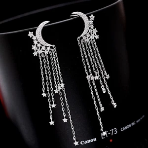 Moon Star Long Chain Tassel Clear Cubic Zirconia Dangle Drop Stud Earrings - Picture 1 of 11