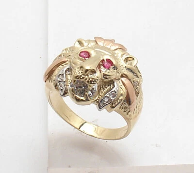 Anillo Cabeza de León Para Hombre Talla 9 Ojos de Rubí Real Sólido Oro Amarillo Blanco Rosa 10K  Foto 1 de 4