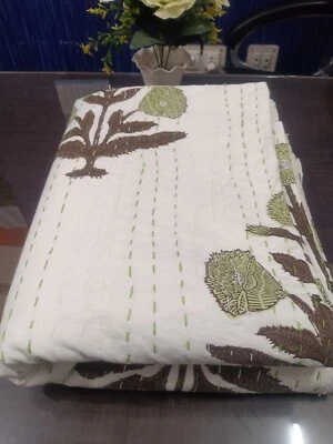 Indian handmade Cotton kantha Quilt hand Block Print King Size Bedspread Blanket - Image 1 of 4