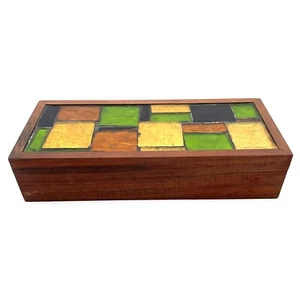 VTG MCM GEORGES BRIARD STAINED GLASS MOSIAC & WOOD TRINKET BOX 10" SIGNED ORANGE - Picture 1 of 13