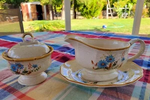 Vintage Retired Mikasa Blue Daisies EB 904 Stoneware Sugar Dish & Gravy Boat - Picture 1 of 5