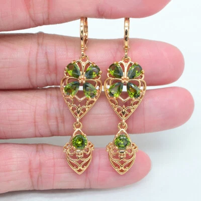 Pendientes colgantes de boda de topacio místico verde rellenos de oro amarillo de 18 quilates para mujer Foto 1 de 4