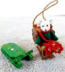 1970's Hand Crafted Wood 3" Green Sled & Polar Bear Sleigh Christmas Ornaments