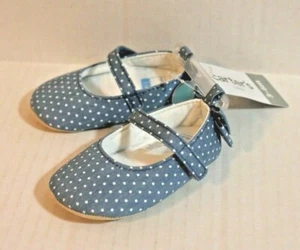 Carter's 3-6 Months Blue Chambray Polka Dot Crib Shoes Infant Baby Girl Size 2 - Picture 1 of 5