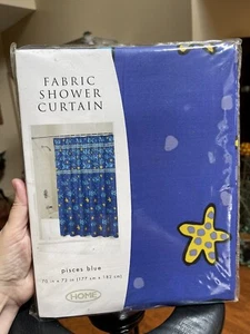 Fabric Shower Curtain Blue Pieces Fish Beachy Theme NEW - Picture 1 of 22