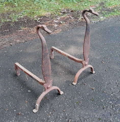 Pair Antique Wrought Iron Duck Form Andirons Cover
