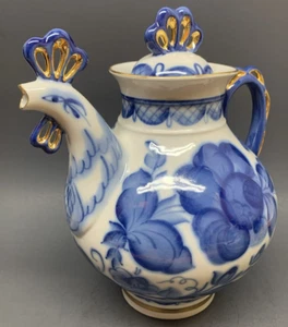 Vintage Hahn Teekanne selten groß verziert russisches Porzellan blau/weiß/gold - Bild 1 von 16