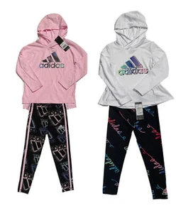 NWT ADIDAS Hooded Pink or White Top & Black Leggings Set; Sizes 4, 5, 6, 6X; $54 - Picture 1 of 3