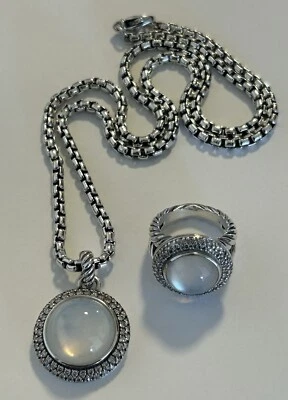 Collar Anillo David Yurman Cerise Piedra Lunar Cuarzo Cúpula Doble Halo Pavé Diamantes Foto 1 de 4