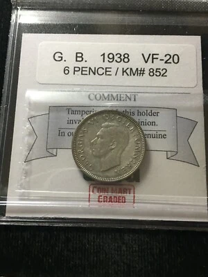 1938  Great Britain, 6 Pence, Coin Mart  Graded **VF-20** KM# 852 - Image 1 of 4