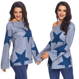 4Color Women One Off Shoulder Long Sleeve T-Shirt Top Star Print Pullover Blouse - Picture 1 of 28