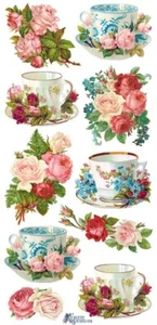 "PEGATINA VIOLETA - TAZA DE TÉ Y ROSAS - 8" x 3 3/4" (20cm x 9cm) - Imagen 1 de 1