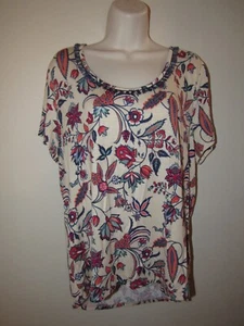 Falls Creek Womens XL Top Cream Blue Floral Print Tassel Rayon Stretch Bloomcore - Picture 1 of 9