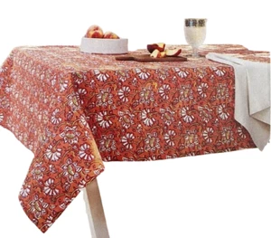 Tovaglia di lino in tessuto stampato, 60"x84", rettangolare, FIORI SU ARANCIO, soglia - Foto 1 di 14
