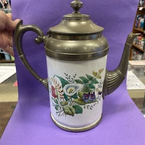 Antique Graniteware Enamel Pewter Floral Coffee Pot Manning Bowman 11” - Picture 1 of 21