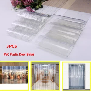 3Pcs Cool Room PVC Plastic Door Strips Curtain 2000x180mm Strip Kit Hanging Rail - Picture 1 of 9