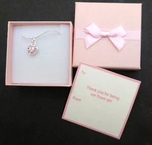 Flower Girl or Bridesmaid Pink Crystal Heart Necklaces Gift Favour inc Box & Tag - Picture 1 of 3