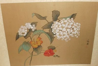 ACUARELA FLORAL JAPONESA VERDE Y BLANCA SOBRE PINTURA DE SEDA FIRMADA Foto 1 de 3