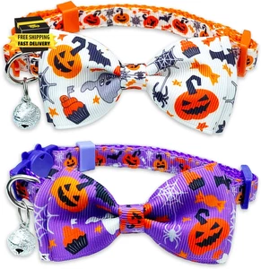Halloween Cat Collar with Bell, Kitty Kitten Holiday Bow Tie Collar Breakaway 2 - Picture 1 of 7