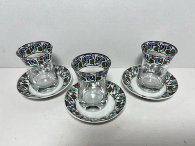 Juego de té turco pintado a mano vidrio pesado y plato juego de té turco para 3 Foto 1 de 4