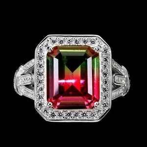 925 Sterling Silver Ring Octagon Tourmaline Synthetic Watermelon 12x10mm Sz 7.5 - Picture 1 of 13
