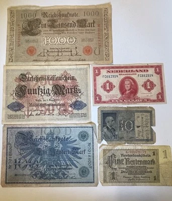 Lote De Colección De 6 Marcos Alemanes, Países Bajos Gulden, Italia Billetes Lira Primera Guerra Mundial Segunda Guerra Mundial  Foto 1 de 4
