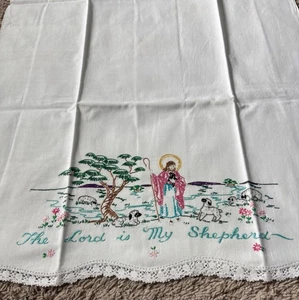 Vintage bestickt Kreuzstich Der Herr ist mein Hirte Kissenbezug Spitzenborte 29" x - Bild 1 von 5