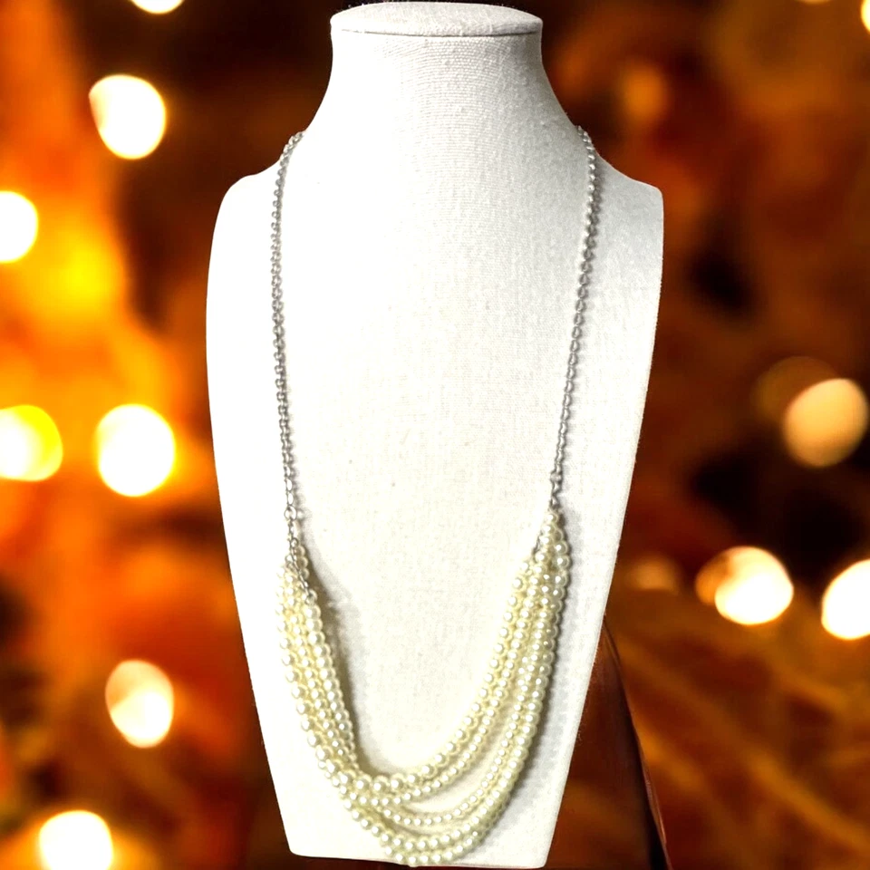 NWT J. CREW Silver Tone Multi Strand Layered Faux Pearl  Necklace JC276 - Image 1 of 4