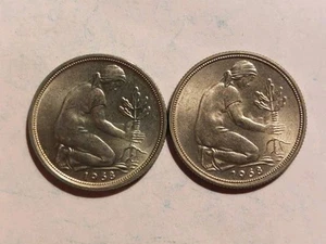 Münze Deutschland BRD: 50 Pfennig: Eiche / Zahl: 1968 D + F - Bild 1 von 2