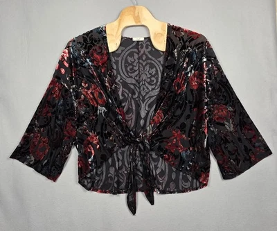 Easel Cardigan Womens Large Black Tie Front Burnout Velvet Sheer Boho Whimsigoth - Image 1 of 4