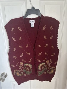 Koret Womens Cottagecore Embroidered Beaded Sweater Vest Size L Red Paisley Boho - Picture 1 of 5