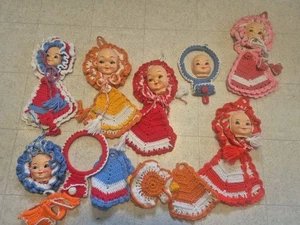 Vintage Handmade Crochet Doll Face Potholders - Lot of Retro Kitchen - Picture 1 of 11