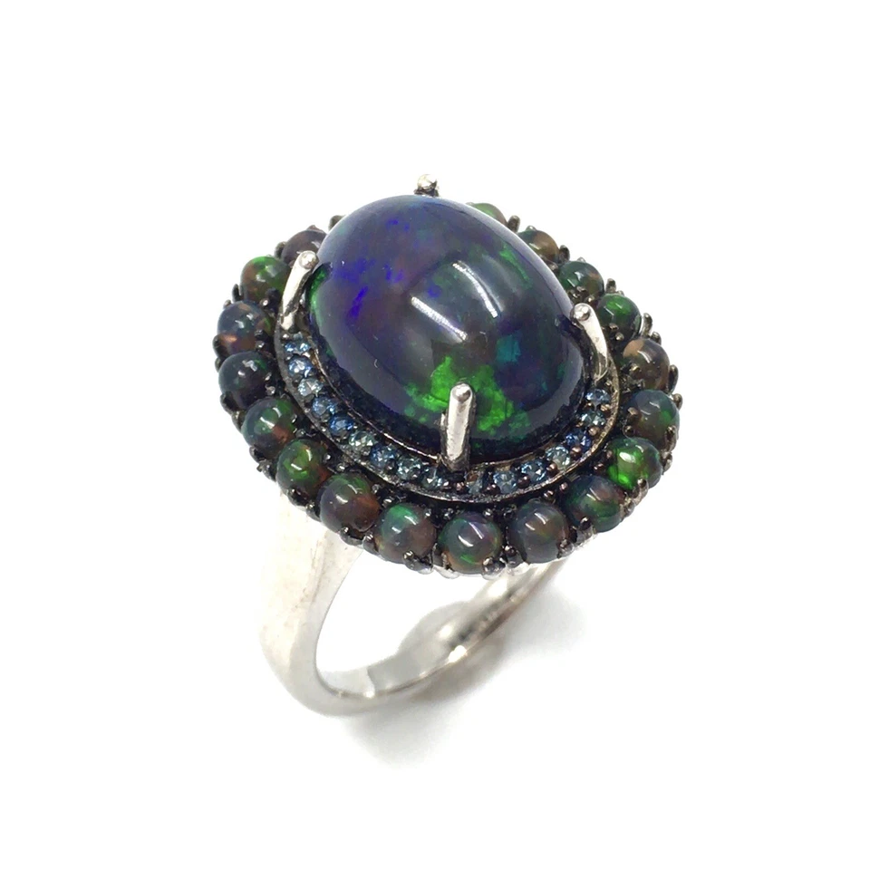 Anello in argento sterling 925 opale nero 5,76 ct opale pieno topazio blu 17,... - Immagine 1 di 4