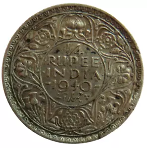 1940 King George VI India Silver 1/4 Rupee Coin - Picture 1 of 3