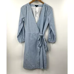 J. Crew Blue White Striped Poplin Long Sleeve Wrap Mini Dress Size 2 NWT - Picture 1 of 9