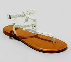 DAMEN UNIVERSAL THREAD LARISSA GEFLOCHTENE SCHNALLE KNÖCHELRIEMEN FLACHE SANDALE, WEISS - Bild 1 von 4