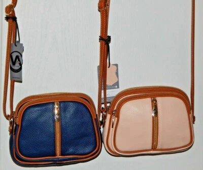 Bolso Bandolera VALENTINA Hecho en Italia Cuero Guijarro Tres Cremallera Azul Marino Rosa Foto 1 de 4