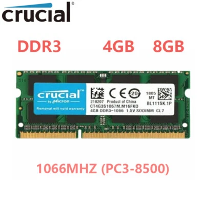 Crucial DDR3 4GB 8GB 1066MHZ PC3-8500 1.5V Laptop SODIMM Memory RAM 204 Pins - Image 1 of 4