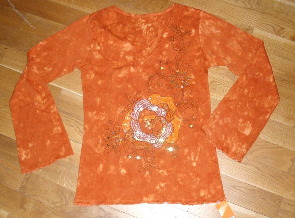 PALME TEE SHIRT TIE & DIE BRODERIES SEQUINS ORANGE CUIVRE TL NEUF AVEC ÉTIQUETTE - Photo 1/1
