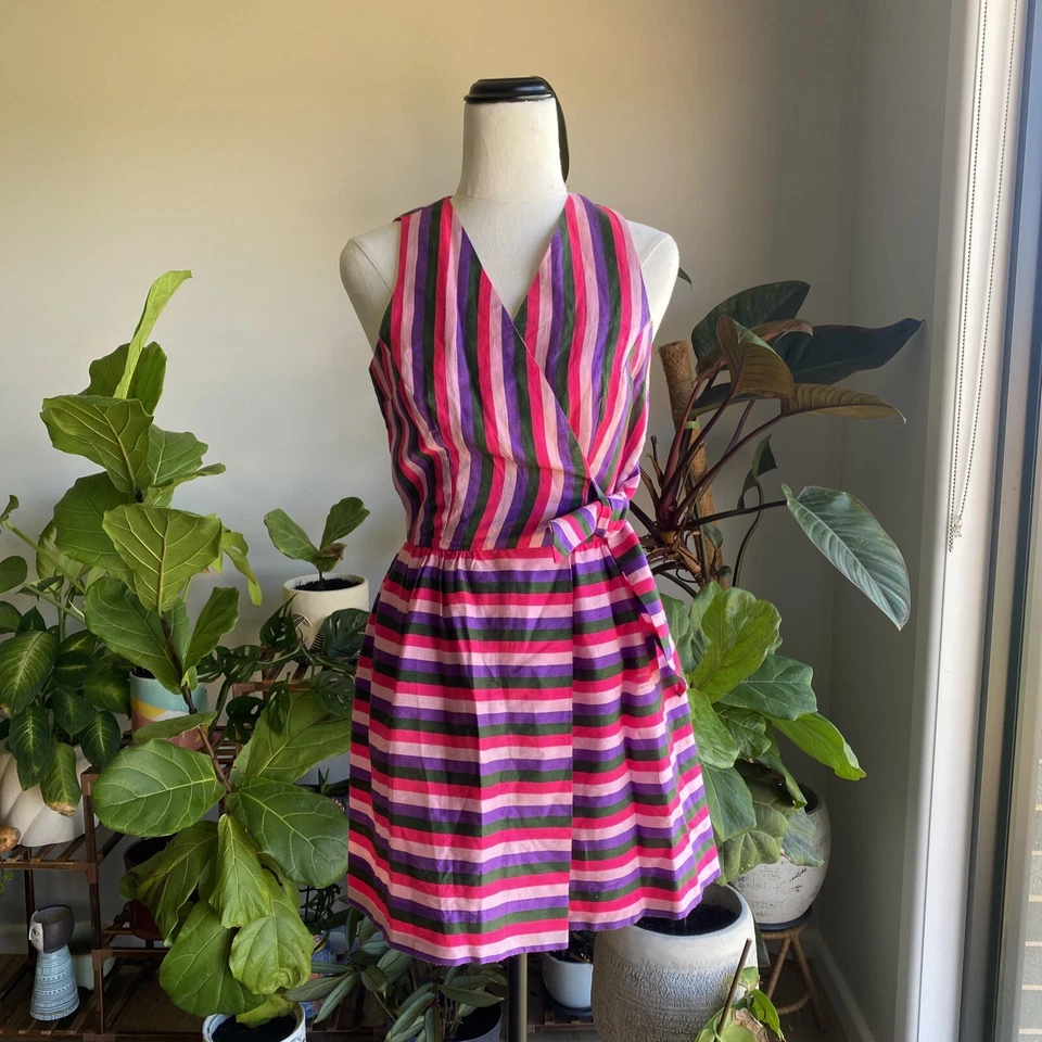 Vestido Vintage Prue Acton Se Ajusta a Au 8 XS/S Multicolor Rayas Seda Envolvente Mini Vestido Foto 1 de 4