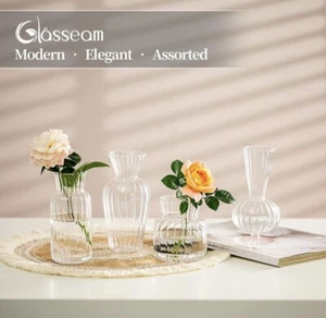 Glasseam Small Glass Flowers Vase Set 4 Pcs Vintage Clear Mini Bud Vase - Picture 1 of 8