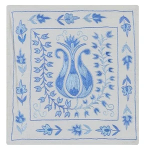 Silk Embroidered Suzani Lace Pillow, Uzbek Sham in Light Blue & Ivory. 17"x18" - Picture 1 of 3