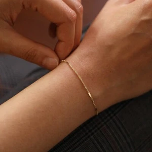 Singapore Chain with Bar Detail Simple 14K Solid Gold Chain Bracelet - Picture 1 of 6