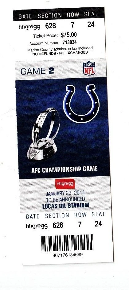 2011 INDIANAPOLIS COLTS PHANTOM AFC CHAMPIONSHIP GAME TICKET STUB  - Image 1 of 1