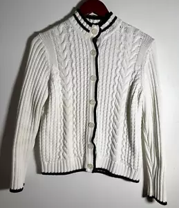 Brooks Brothers 346 Cardigan Sweater Women’s Sz L White & Navy Cable Knit EUC - Picture 1 of 5